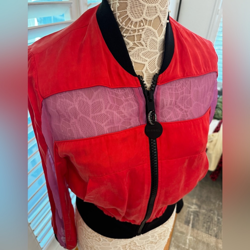Diesel Red Sheer Panel Cropped Jacket | Zip Up | Statement Moto Style - Picture 3 of 7